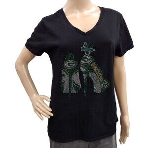 Green Bay Packers NFL Team Women's Large Black V neck w Rhinestone Heels T-shirt